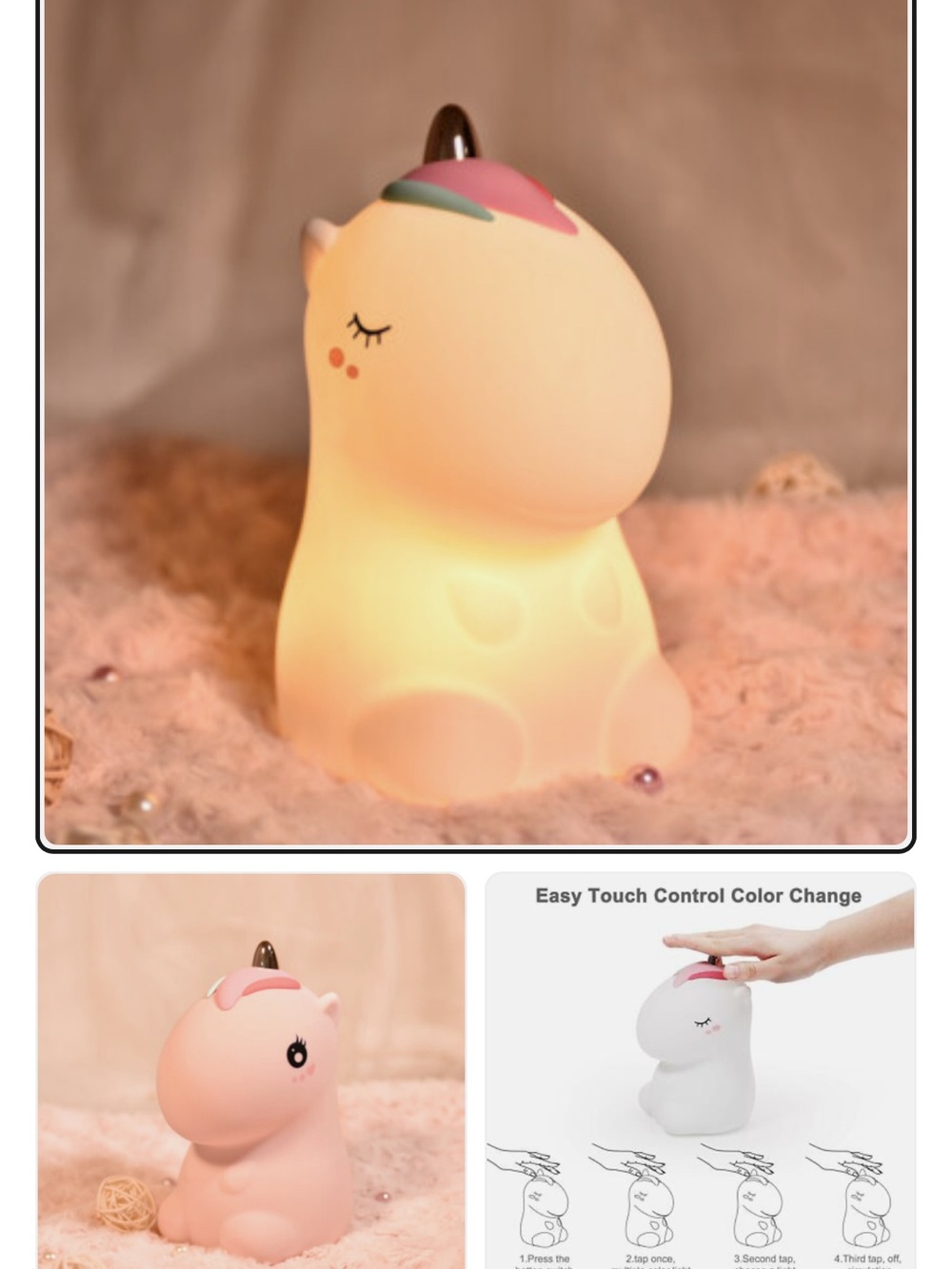 Cute Pink Unicorn Night Light for Kids - Soft Touch Color-Changing Lamp